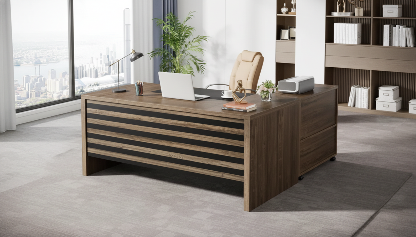62.2" L-Shaped Executive Desk: Cabinet + Shelves