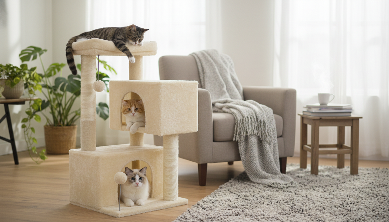82cm Cat Tree: Detachable Perch, 2 Condos & Toy