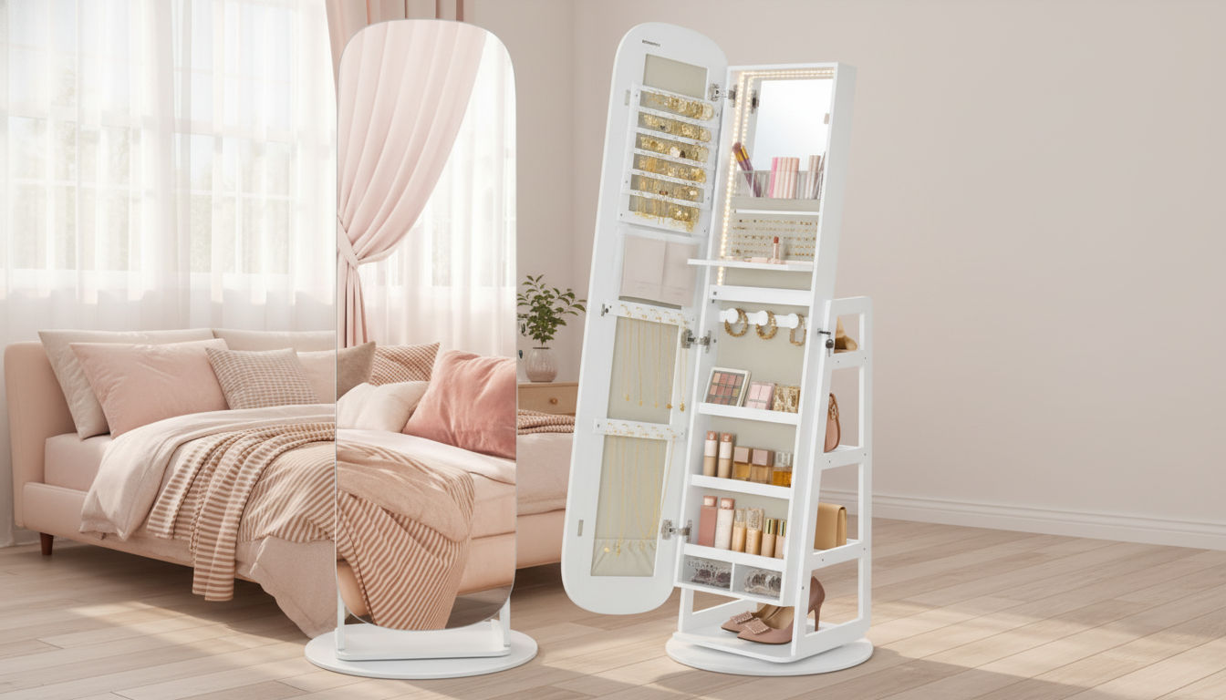 Lockable Swivel Mirror Jewelry Cabinet with LEDs
