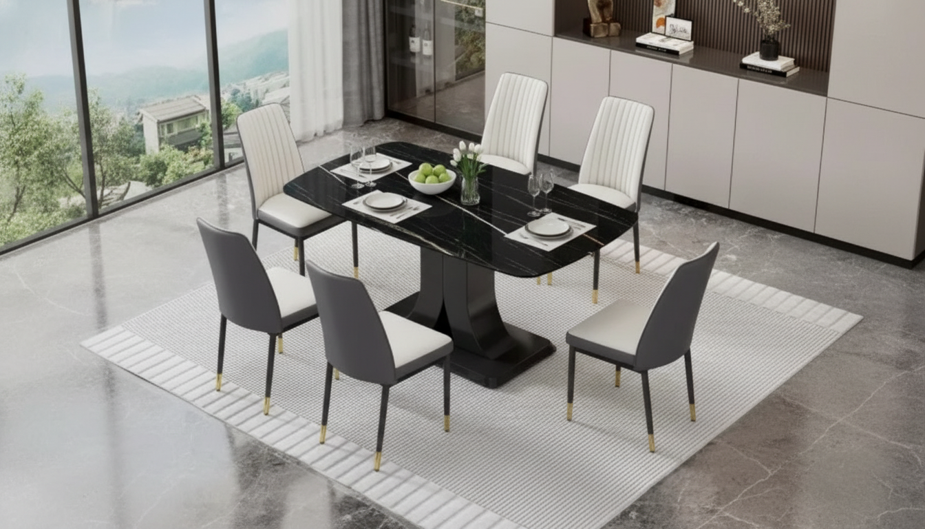 Marble Top Dining Set for 6 with Modern Leather Chairs
