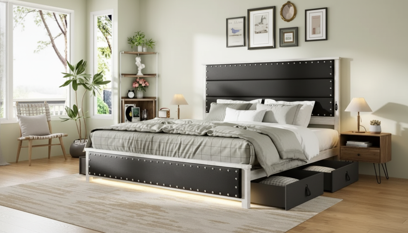 Queen Bed Frame: Upholstered Headboard, Drawers & LED