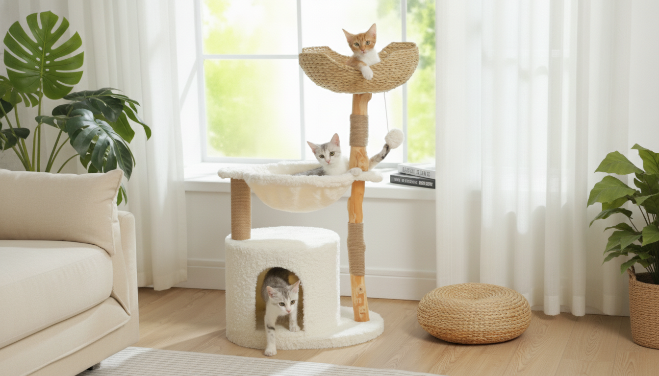 Modern Cat Tree Tower: Woven Basket, Hammock & Wood